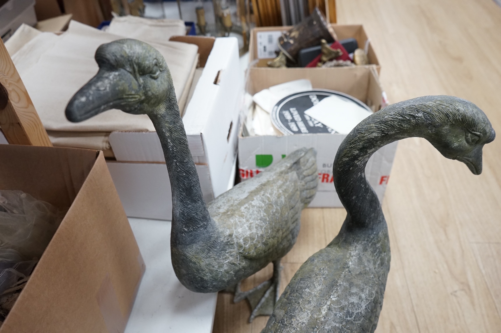 A pair of silvered metal ‘geese’, 70cm
